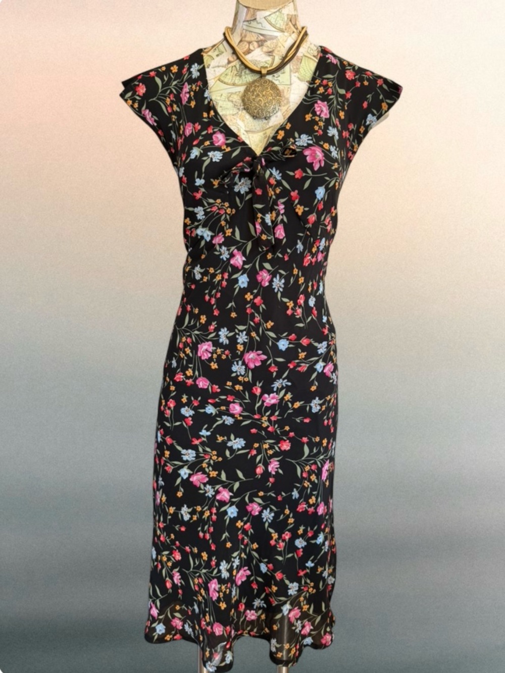 Expressions Vintage Midi Dress Black Floral 90s Y2K Tie Front  Size 12